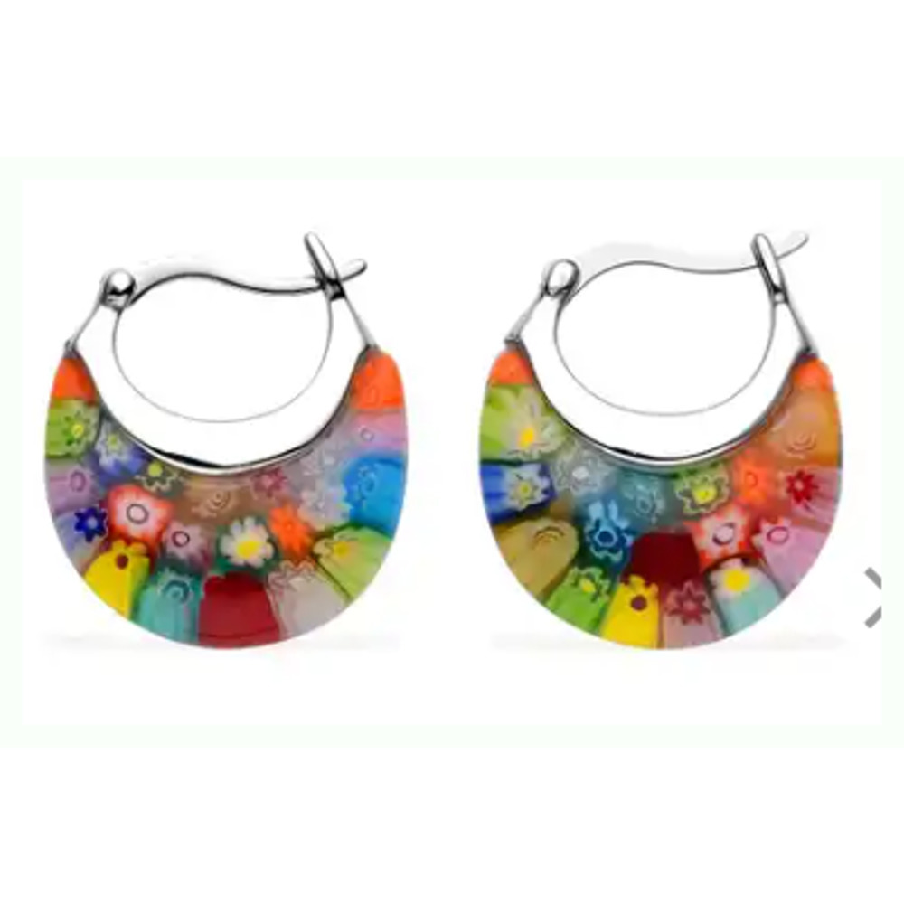 ITALIAN Murano Glass Earrings Floral Flower Silver Multi Colored NEW Colorful